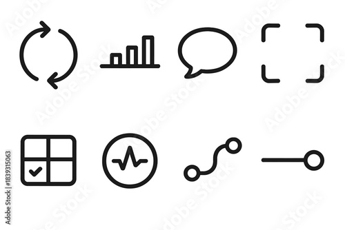 Workflow Icon Set. Decoupled work patterns linear set: async arrow loop, staged timeline bar, message blip, focus frame, task block tile, update pulse ring, workflow path, finish