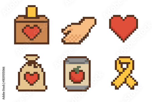 Aid Icons Collection. Donation & Aid Items set of icons in flat pixel vector style: donation box, helping hand, heart symbol, supply bag, food can, support ribbon.
