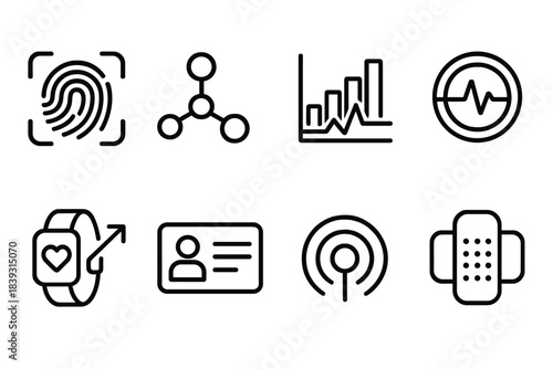 Preventive Care Icons. Preventive Care System Set linear set: biometric device tile, vital metric node, early-alert bar, monitoring ring, wearable tracker arrow, patient info panel
