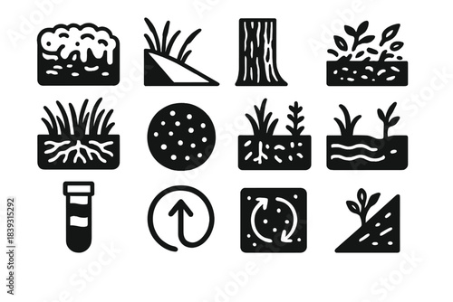Carbon Storage Icons. Carbon Storage Ecoscapes silhouette set: moss-covered wetland mat, coastal marsh wedge, mature tree column, decomposing litter layer, perennial grass root map