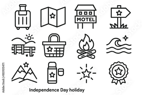 Holiday Adventure Icons. Independence Day Holiday Journey linear set: travel bag, folded map, roadside motel icon, trail marker, scenic overlook, picnic basket, campfire, coastal