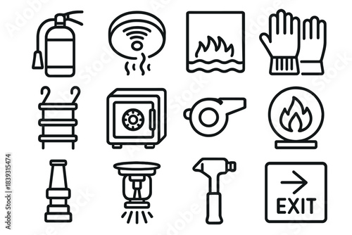 Fire Safety Essentials. Fire Safety Tools linear set: fire extinguisher, smoke alarm, fire blanket, heat-resistant gloves, escape ladder, fireproof box, emergency whistle, flame