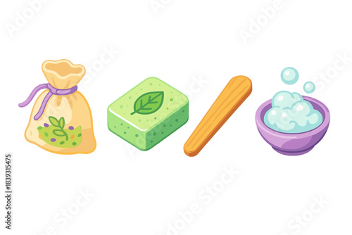 Soap Crafting Tools. Natural Soap Crafting Gear flat isometric set: herbal infusion pouch, wooden stir stick, lather test dish.