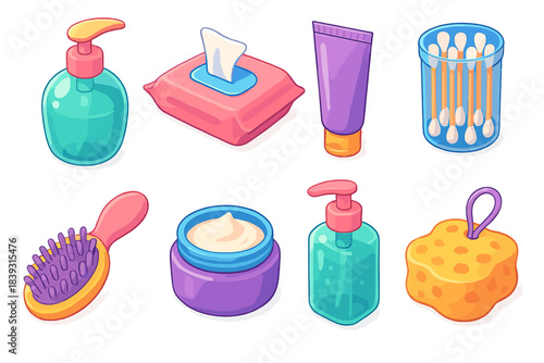 Colorful Bathroom Essentials. Bathroom Toiletry Items flat isometric set: liquid soap, cleansing wipes, shaving cream tube, cotton swabs, hairbrush, moisturizing cream jar,
