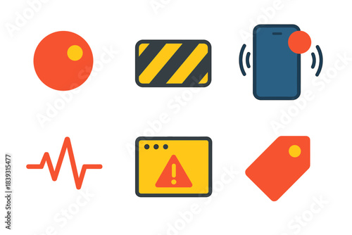 Minimal Alert Icons. Alert Indicators flat set: blinking dot, hazard stripe, vibrating phone, pulse line, popup window, priority tag.