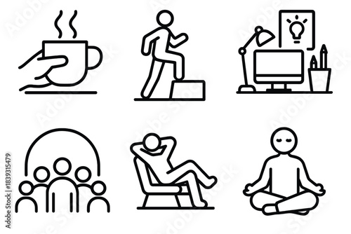 Modern Lifestyle Icons. Modern Lifestyle Scenes linear set: morning ritual cup, fitness step, creative workspace, social connection arc, leisure moment, mindful pause icon.