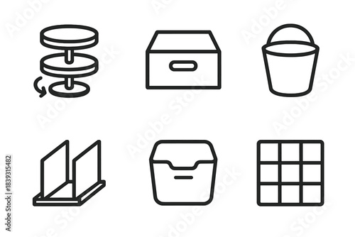 Smart Storage Icons. Smart Storage Planning linear set: rotating shelf, labeled drawer, storage bucket, divider panel, compact bin, organization grid.
