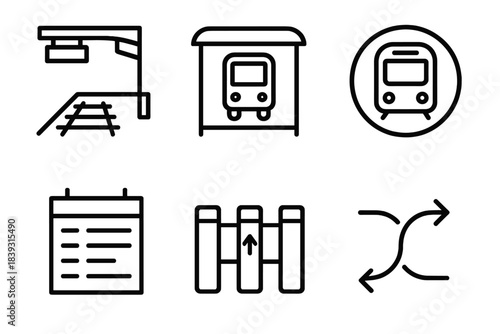 Transit Hub Icons. Transit Hub Set linear set: station platform, bus shelter, rail icon, timetable board, fare gate, interchange symbol.