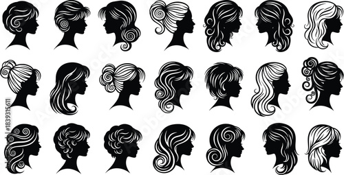 Female hairstyle silhouette collection, elegant woman profile designs, stylish hair fashion artwork, decorative beauty vector set with various feminine head illustrations