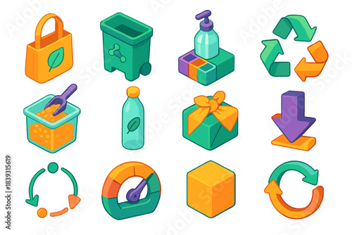 Zero-Waste Icon Set. Zero-Waste Transformation flat isometric set: reusable bag tile, compost bin node, refill station bar, recycling ring, bulk container patch, eco-friendly