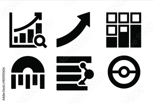 Strategic Icon Set. Strategic Data Planning Modes silhouette set: analytics tile, predictive curve arrow, planning grid bar, insight dial node, resource distribution band, scenario