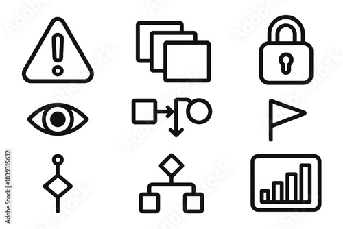 Security Icons Overview. Threat Preparedness linear set: alert symbol, layered defenses, process flow, secure padlock, monitoring eye, decision node, caution flag, resilience bar.
