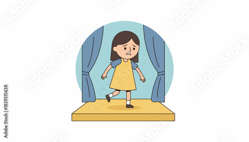 A little girl nervously stepping onto a stage for a school play with a determined expression mixed with anxiety.