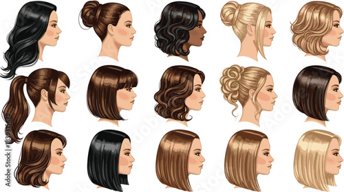 Female profile illustrations, different hairstyles collection, beauty and fashion hair designs, diverse woman head portraits, elegant vector style artwork set