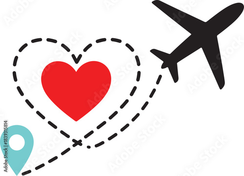 Airplane with Heart-Shaped Flight Path and Location Pin – Travel Love Concept.