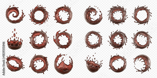 Set of chocolate splashes and swirls, liquid cocoa rings, drops, and waves on transparent background.