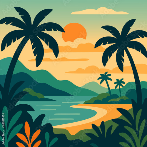 Beautiful tropical landscape with silhouette of palm trees, ocean, mountains, and orange sunset sky, flat vector summer travel background.