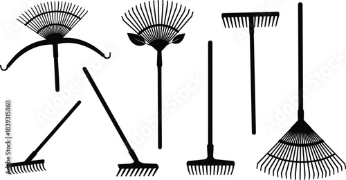 Garden rake silhouettes collection, various yard tool designs, leaf rakes and landscaping equipment icons, black vector illustrations for gardening and lawn care