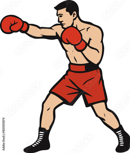 Strong male boxer athlete in red shorts and gloves throwing a powerful punch, dynamic sports and martial arts vector illustration.