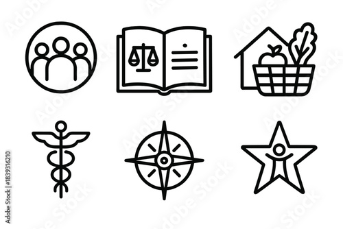Social Wellbeing Icons. Social Wellbeing Foundations linear set: care circle, open book of rights, shelter roof icon, food access basket, health support symbol, fairness compass,