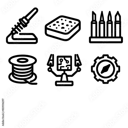 Soldering Tools Setup. Soldering Bench Tools linear set: iron stand, sponge pad, tip set, solder reel, circuit holder, stability dial.