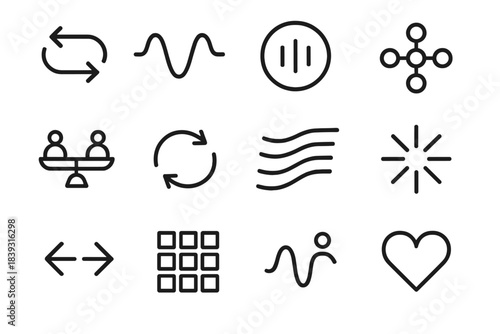 Team Dynamics Icons. Team Dynamics Icons linear set: collaboration arrows, shared rhythm wave, alignment circle, interaction nodes, role-balance icon, supportive loop, group flow