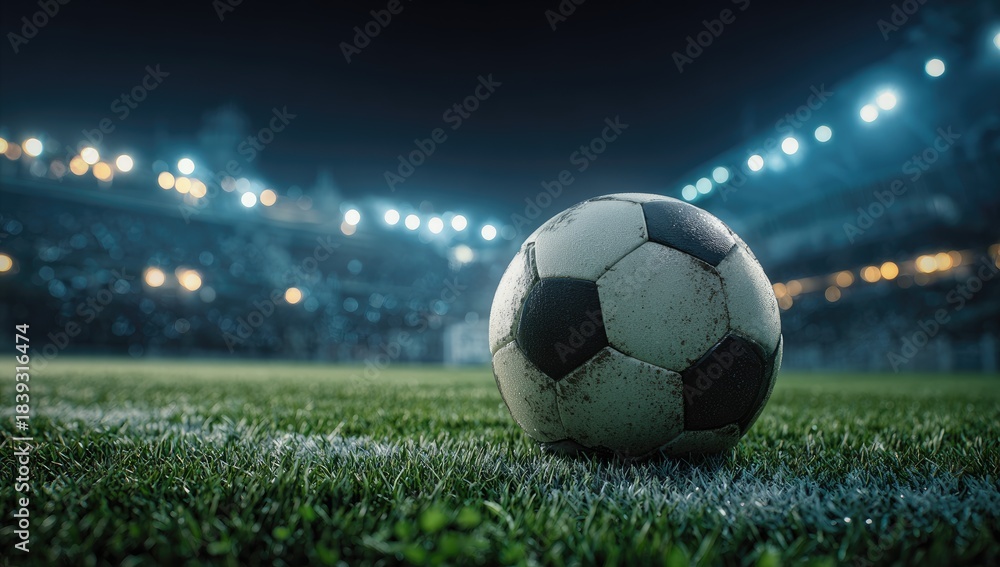 Naklejka premium Soccer ball on green grass in a stadium at night