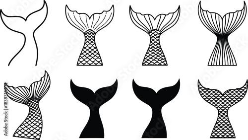 Mermaid tail silhouettes and detailed fin designs, elegant aquatic vector illustrations perfect for fantasy artwork, ocean themes, craft projects, and creative design