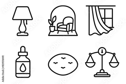 Serene Domestic Icons. Serene Domestic Settings linear set: muted lamp, peaceful nook, airy curtain, essential oil jar, soft seating pad, tranquility scale.