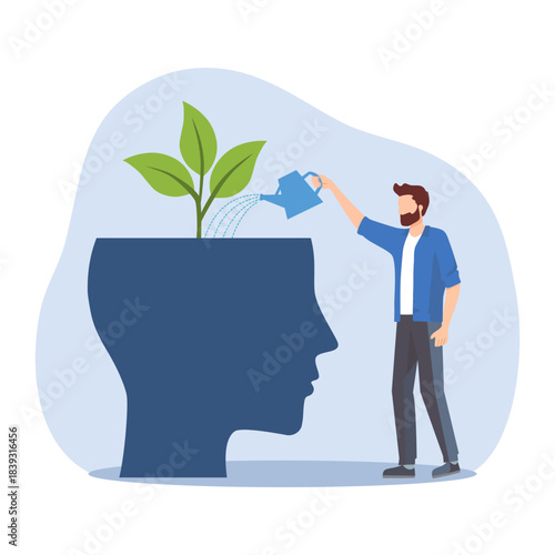 Mental health care, psychological therapy concept. woman with watering can irrigates blossom flowers inside head. Self care, healthy life. Psychologist help