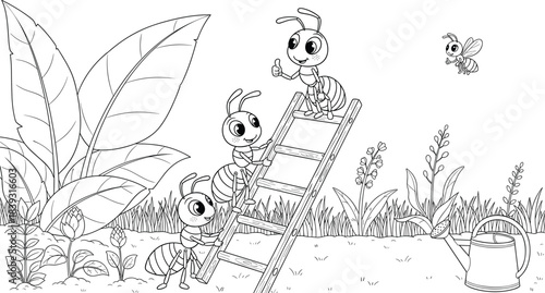 Cute Cartoon Ants Climbing a Wooden Ladder in a Garden Outline Coloring Book Page Vector Illustration