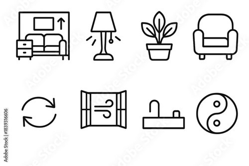 Harmony in Balance. Life-Space Harmony Set linear set: balanced room layout, soft light lamp, nature plant, calm seating, flow arrows, open window breeze, tidy surface, harmony