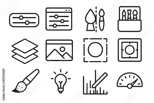 Digital Creativity Icons. Digital Maker Set linear set: vector shape icon, hue slider, effects panel, symmetry tool, brush library, layered composition, preview window, digital