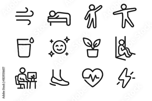 Mind-Body Balance Icons. Workplace Mind–Body Balance Icons linear set: breath lines, rest moment, hydration cup, stretch figure, gentle shimmer, balanced stance, workspace plant,