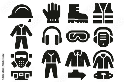 Work Safety Icons. Work Protection Essentials silhouette set: helmet tile, glove node, boot bar, vest ring, coverall patch, ear defenders stripe, safety glasses panel, knee pad
