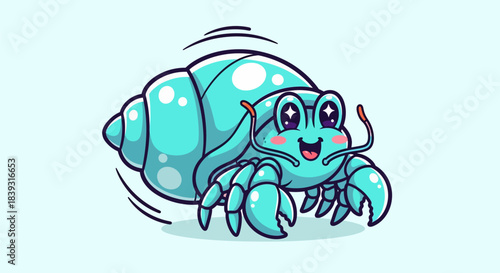 Cute smiling hermit crab cartoon character with a shiny blue shell.