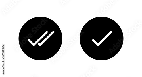 Double tick and check mark icon in black circle. Read and unread messages, sent status, and completed action symbol