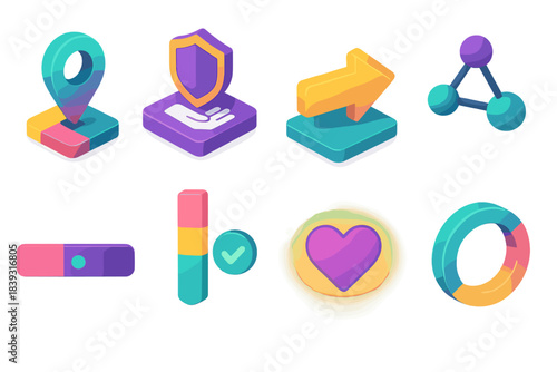 Colorful 3D Navigation Icons. Care Path Intelligence Set flat isometric set: personalized navigation marker, guided decision tile, care-direction arrow, context-aware support node,