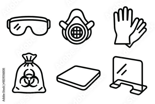 Safety Device Icons. Patient & Staff Safety Devices linear set: protective eyewear, filtered respirator, sterile glove set, biohazard bag, clean surface pad, hygiene shield.