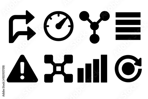 Adaptive Logistics Icons. Adaptive logistics systems silhouette set: dynamic reroute icon, capacity dial, multisource link, stability strip, risk marker, network hub tile, flow