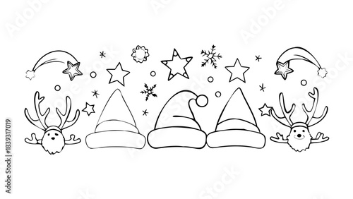 Christmas headwear coloring page. Outline set with santa hats, elf hats, headbands with reindeer antlers, christmas trees, stars, snowflakes and other decorations. Contour xmas party head accessories 