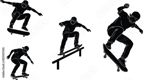 Skateboarder silhouettes performing tricks, dynamic skateboarding action poses, street sport vector illustrations, extreme athlete movements for urban lifestyle and skate culture designs