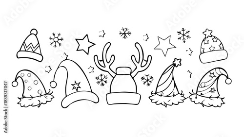 Christmas headwear coloring page. Outline set with santa hats, elf hats, headbands with reindeer antlers, christmas trees, stars, snowflakes and other decorations. Contour xmas party head accessories 
