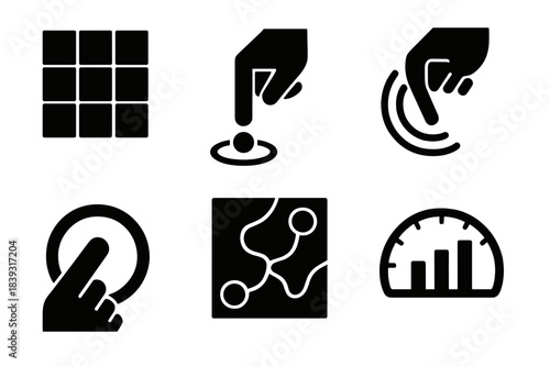 Haptic Icon Set. Haptic Perception Dynamics silhouette set: texture field tile, pressure-point icon, motion interaction arc, fingertip feedback ring, touch mapping path, clarity