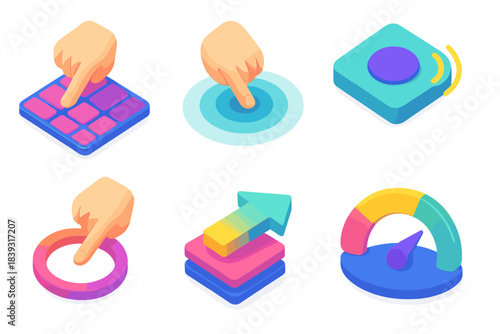 Isometric Touch Icons. Spatial Touch Perception flat isometric set: tactile grid icon, touch-sensitive field, haptic feedback tile, fingertip contact ring, spatial mapping arrow,