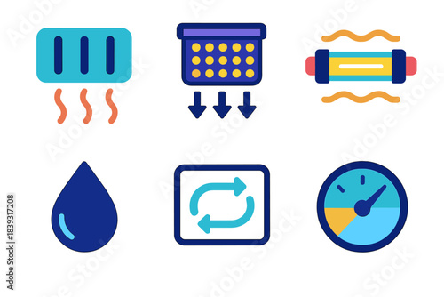 Modern Water Treatment Icons. Advanced Water Reclamation flat set: intake grate, microfilter module, UV treatment lamp, processed water droplet, system loop map, clarity gauge.