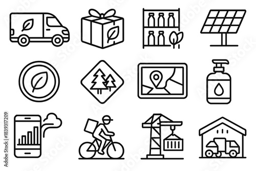 Eco-Friendly Logistics Icons. Sustainable Logistics Suite linear set: electric delivery van, compostable wrap, eco inventory shelf, renewable energy panel, carbon-neutral badge,