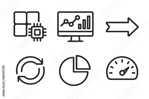 Resource Management Icons. Smart Resource Management linear set: resource allocation tile, monitoring dashboard icon, usage flow arrow, efficiency loop ring, consumption tracker