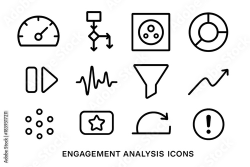 Engagement Metrics Icons. Engagement Behavior Analysis linear set: session length gauge, listener flow path, interaction hotspot tile, content affinity ring, pause-and-resume