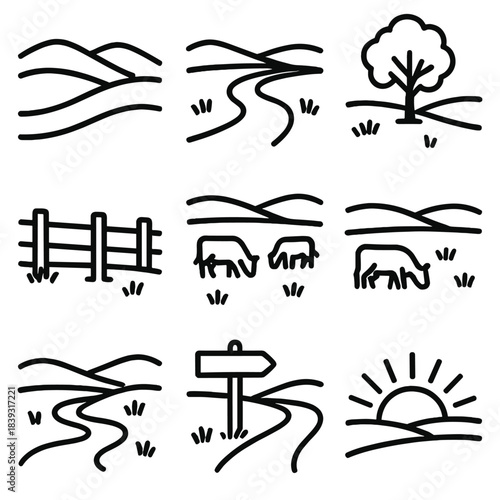 Pastoral Icons. Pastoral Landscape Scenes linear set: rolling hill, winding dirt road, wooden fence, lone tree, grazing field, small stream, country lane sign, sunrise horizon.